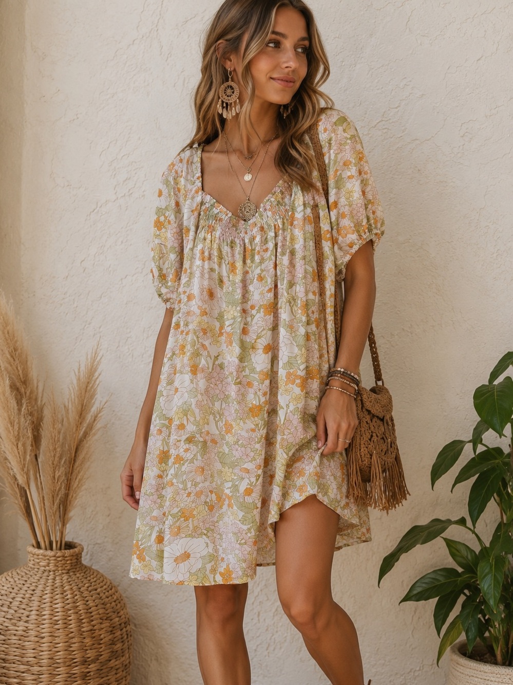 mittoshop Cream Floral Babydoll Dress